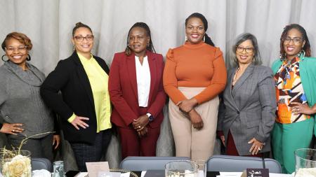 From left to right: Denisha Robinson (World Renew), Idella Winfield (Thrive), Monicah Maiyo (Finance), Kacey Spencer (World Renew), Teresa Kelly (Human Resources), and Helen Powell (World Renew) graduated from a BIPOC Leadership Development program. Rachelle McKissick-Harris (Human Resources), not pictured, also graduated. 