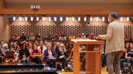 Christian Wiman addresses an audience at the Calvin Festival of Faith & Writing.