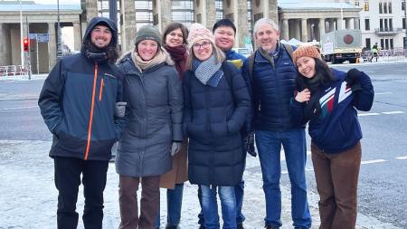 Resonate Global Mission's Cohort Europe 2023-24 at their learning intensive in Berlin, Germany, where Juliana Knot (back row, first from left) serves with Resonate missionaries David Kromminga and Mary Buteyn at the Welcoming Church.