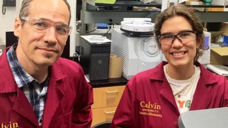 Chemistry professor Doug Vander Griend researches alongside Aerin Baker. Baker's research experience has already led to coauthoring multiple papers for journals and presenting at a national conference.