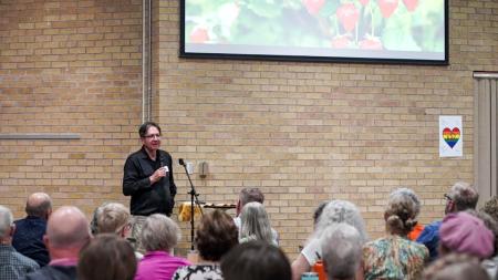 Adrian Jacobs speaks to over 170 people attended the fourth Strawberry Thanksgiving and Communion gathering at Rockway Mennonite Collegiate high school in Kitchener, Ont. 