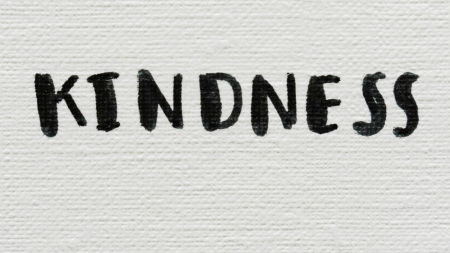black calligraphy on white paper spelling the word kindness