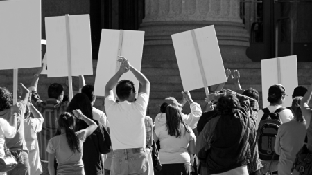 black and white photo of people protesting 