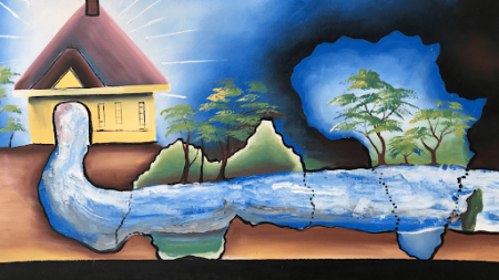 an artistic image of water flowing out of the doors of a church and across the nations