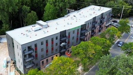The new student housing facility is located across the street from the main campus.