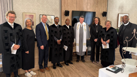 Dutch Reform Church Leaders including GS Niamo Venter and GS Moderator Jan Lebbe, URCSA Moderator Prof Modise, Rev. Dr. Mae Elise Cannon (CMEP), and Rev. Molo (SACC) - April 2026, South Africa. (Courtesy of CMEP). 