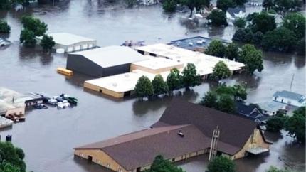 An aerial view of First CRC in Rock Valley, Iowa after a flood in June