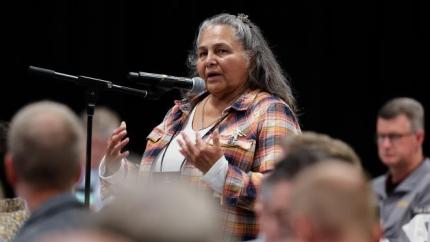 lady delegate at Synod 2025 speaks into microphone