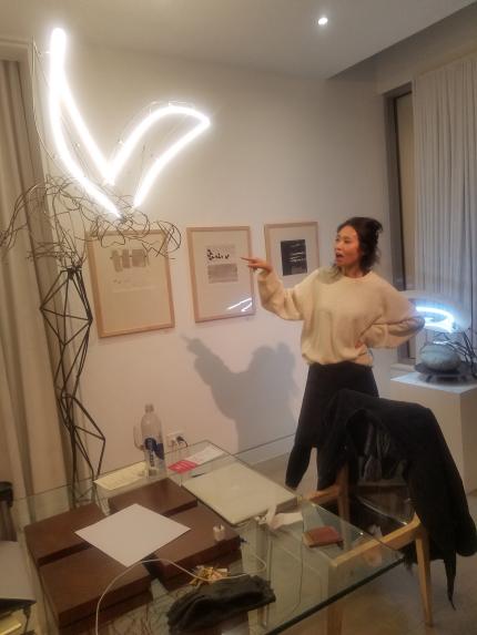 Kate Shin discuss the illuminated image, which looks like angel wings.