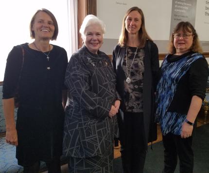 (left to right) Ida Kaastra Mutoigo, Elizabeth Dowdeswell, Rebecca Louise-Shortt, and Anita Booy at an event celebrating 40 years of refugee sponsorship in Canada.