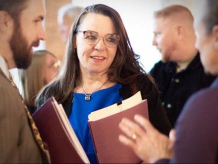 MDOC director Heidi Washington interacts with participants following her opening remarks at the Calvin Prison Initiative Conference held at Calvin University May 17-19.