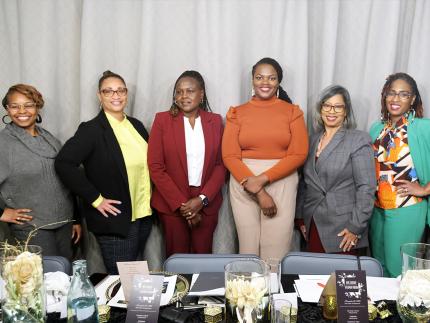 From left to right: Denisha Robinson (World Renew), Idella Winfield (Thrive), Monicah Maiyo (Finance), Kacey Spencer (World Renew), Teresa Kelly (Human Resources), and Helen Powell (World Renew) graduated from a BIPOC Leadership Development program. Rachelle McKissick-Harris (Human Resources), not pictured, also graduated. 
