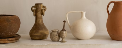 a collection of pottery in various shapes, sizes, and colors
