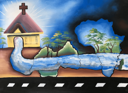 an artistic image of water flowing out of the doors of a church and across the nations