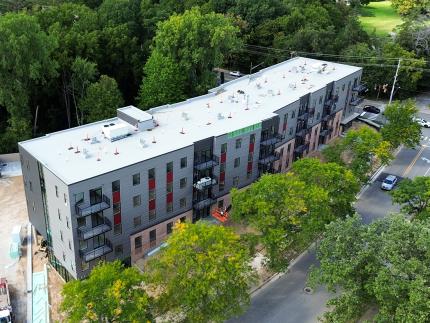 The new student housing facility is located across the street from the main campus.