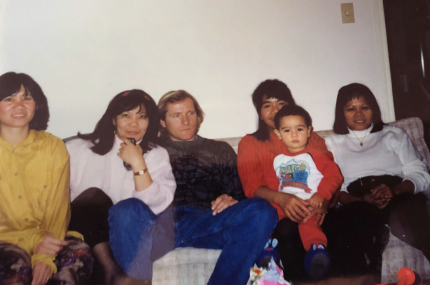 A family sitting on a couch