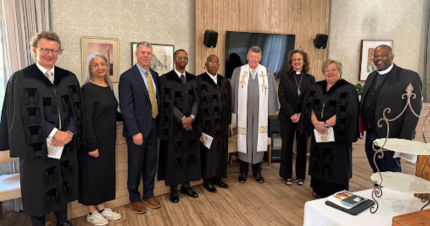 Dutch Reform Church Leaders including GS Niamo Venter and GS Moderator Jan Lebbe, URCSA Moderator Prof Modise, Rev. Dr. Mae Elise Cannon (CMEP), and Rev. Molo (SACC) - April 2026, South Africa. (Courtesy of CMEP). 