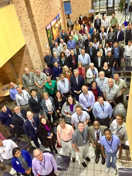 CRCNA staff gather with new Council of Delegates members for chapel service.