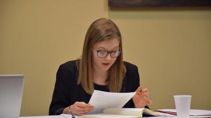 Elena van Stee presented her paper at the American Academy of Religion's regional conference in Muncie, Ind.
