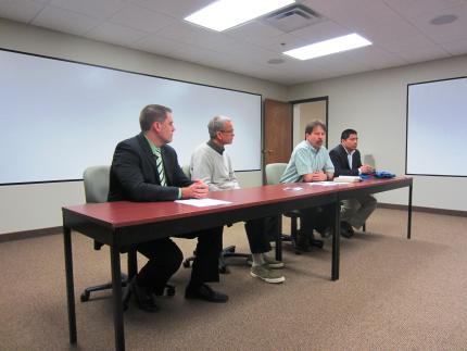 Left to right: Adam Lipscomb of City Life Church; Randy Buursma of First CRC; Dale Dalman of Esperanza Covenant Church, and Angel Lopez, seminary student.