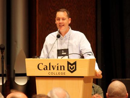 Rev. Steven Kooy lead Saturday morning worship for Synod 2019 focusing on “Fallen Leaders.”