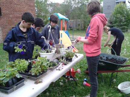 Group prepares hanging baskets for sale.