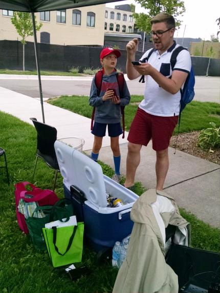 Pokémon Go players outside Monroe Community Church.