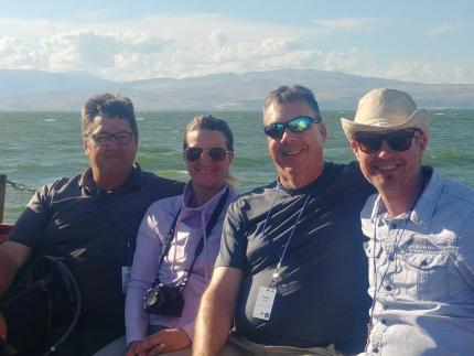 Rev. Geoff Vandermolen, Kristin Vandermolen, Rev. Kevin DeRaaf, and Rev. Rich Braaksma enjoy a voyage on the Sea of Galilee during a study tour of the biblical lands.