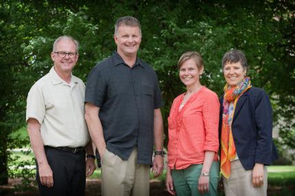 Synod 2018 officers from left to right: Rev. Cal Hoogendoorn (second clerk), Rev. Scott Greenway (president), Rev. Elizabeth Vander Haagen (vice president), and Rev. Mary-Lee Bouma (first clerk).